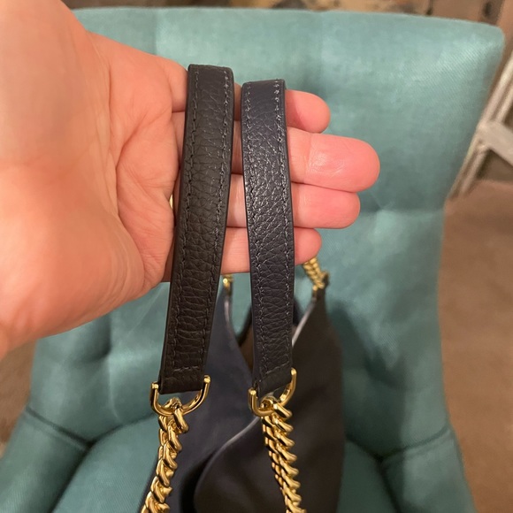 Michael Kors Newbury Pebbled Leather Chain Tote Bag dark navy EUC - Picture 12 of 14